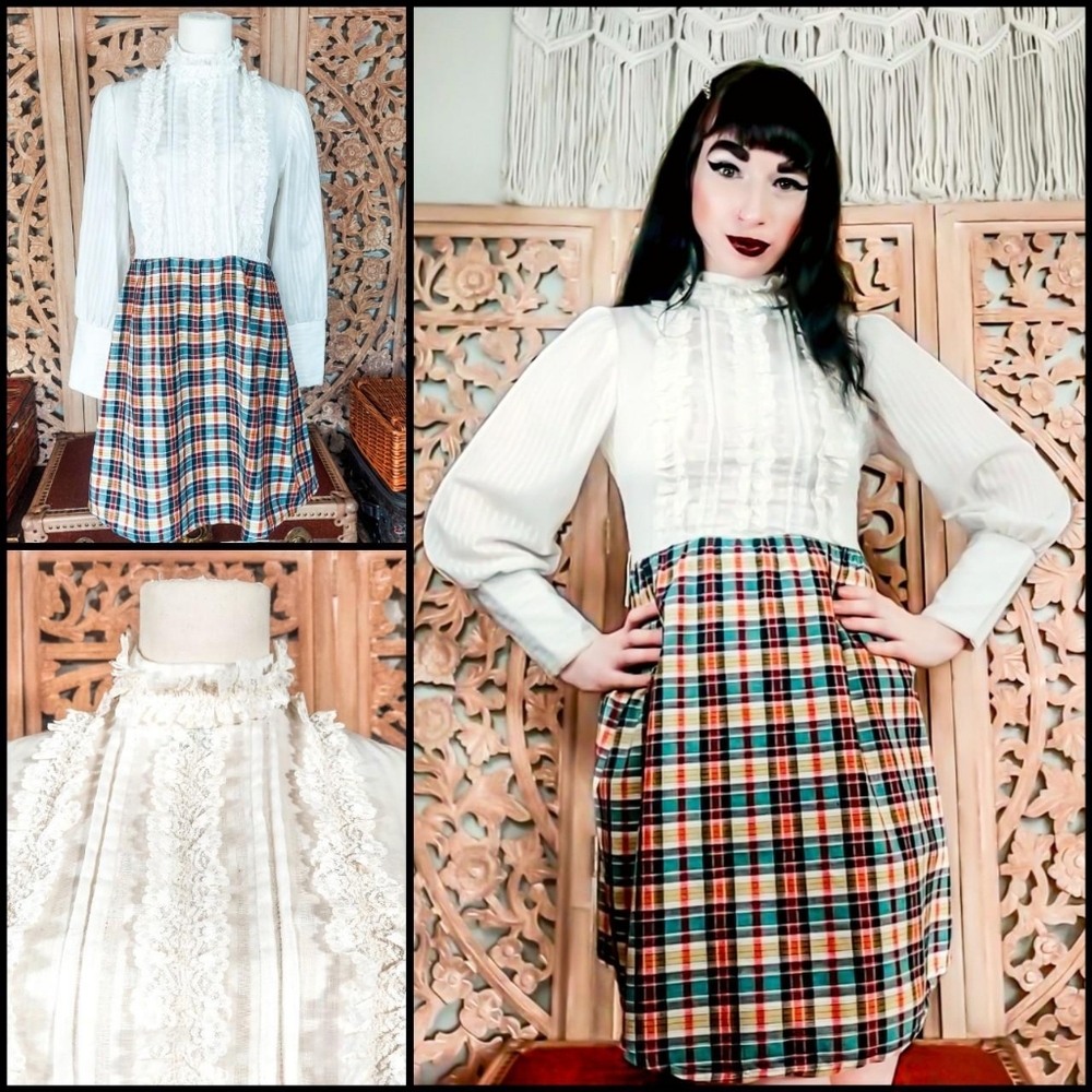 Vintage 1960s Bishop Sleeve Ruffle Plaid Mod Tartan High Neck Mini Dress